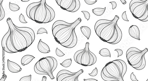 Detailed garlic bulbs and cloves seamless pattern in black and white engraved style for kitchen or packaging design.