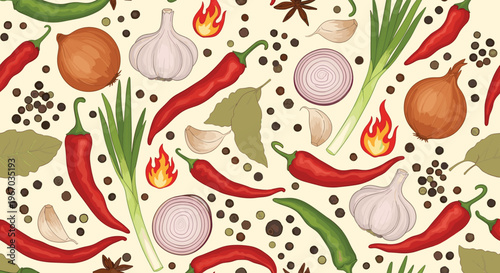 Spicy food seamless pattern with chili peppers garlic onions and black pepper for restaurant menu or kitchen wallpaper.