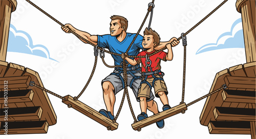 Father and son navigate a challenging rope bridge adventure