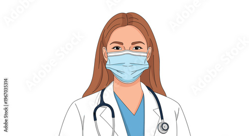 Professional female doctor wearing protective face mask white coat and stethoscope isolated on white background.