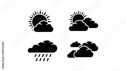 Collection of Weather Icon Illustrations Depicting Sun, Rain and Clouds in Minimalist Style for