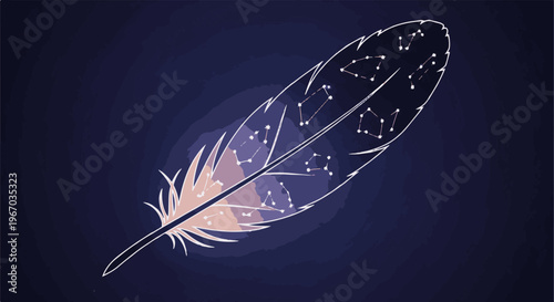 Feather adorned with constellations on a dark, textured background