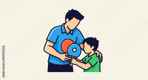 Father and son holding table tennis paddles, father teaching