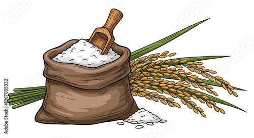 White rice flour in sack with rice ears and scoop illustration isolated on white background for food and cooking.