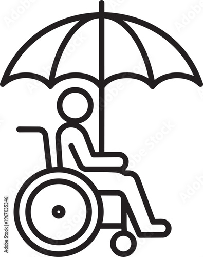 Person sitting in wheelchair under protective umbrella representing disability medical health insurance concept outline vector illustration symbol