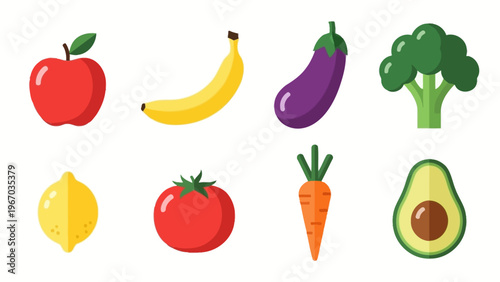 Colorful assortment of fresh fruits and vegetables in a flat vector style image for healthy eating