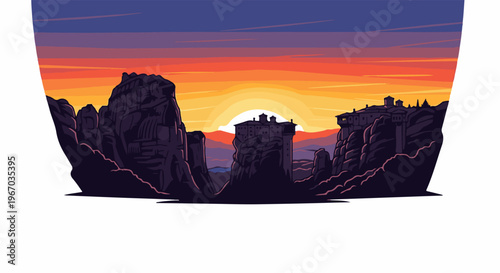 Monasteries perched atop rocky spires at sunset