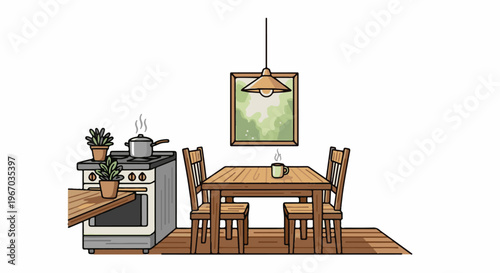 Cozy dining area with a steaming pot on the stove and a warm drink