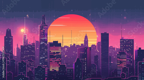 Retro cityscape with sunset digital illustration of skyscrapers and skyline