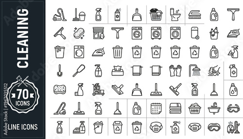 A collection of 70 line icons depicting various cleaning tools and supplies Ai, eps, jpg, transparent background, eps
