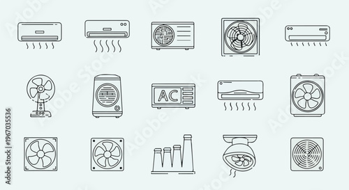 Line art icons of cooling and ventilation devices