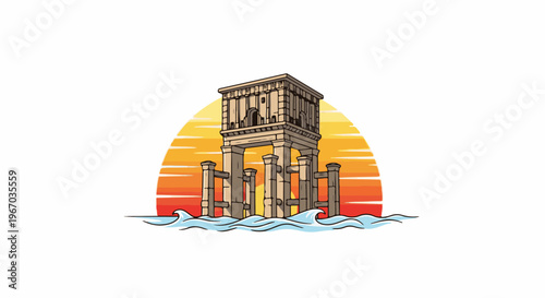 Ancient stone structure stands on pillars in the ocean at sunset