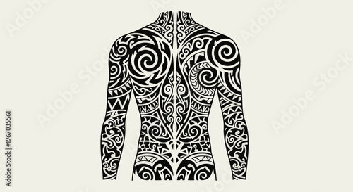 Intricate black tribal tattoo art covers entire back and arms