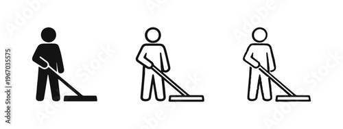 Set of three hand-drawn person mopping icons, black and white vector illustration for cleaning and household tasks.