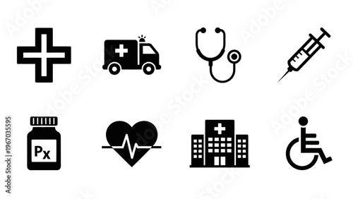 Comprehensive Medical Icons Set Depicting Healthcare and Emergency Symbols