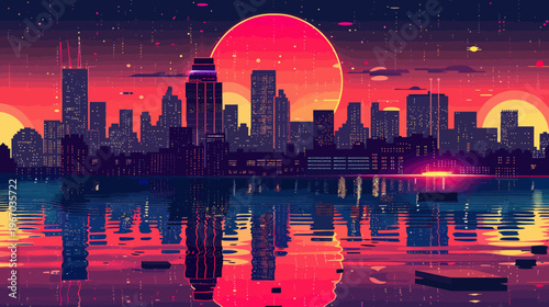 Pixelated cityscape at sunset with vibrant colors and water reflections