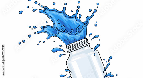 Dynamic blue liquid explosion erupting from a white bottle neck