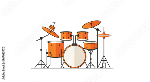 A minimalist illustration of an orange and black drum kit with fewer drums and cymbals stands on a plain white background.