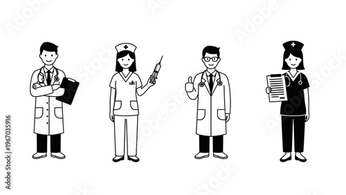 Diverse healthcare professionals including doctors and nurses in a professional setting illustration