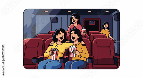 Friends enjoying a movie at the cinema, with popcorn and drinks