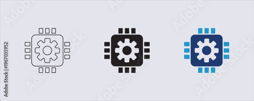 A digital icon representing a microprocessor or computer chip integrated with a gear symbol, commonly used to signify concepts like technical development, software engineering, or system optimization.