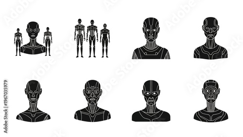 Diverse human body diagram illustrations with detailed line art in black and white