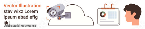 Data security, cloud computing, analytics tracking, online privacy, remote surveillance, information management. Surveillance camera, cloud calendar with graph human profile. Data security