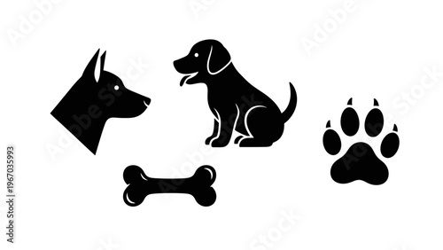 Dog and cat silhouette icons with pet-related items including bones and paw print