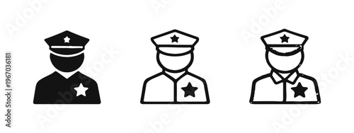 Collection of three hand-drawn police officer icons, black and white vector for law, order, and public safety.