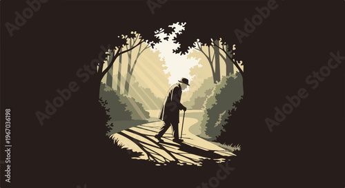 Elderly man with cane walks on path through sunlit forest