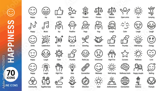 A collection of line icons depicting various symbols of happiness and joy Ai, eps, jpg, transparent background, eps