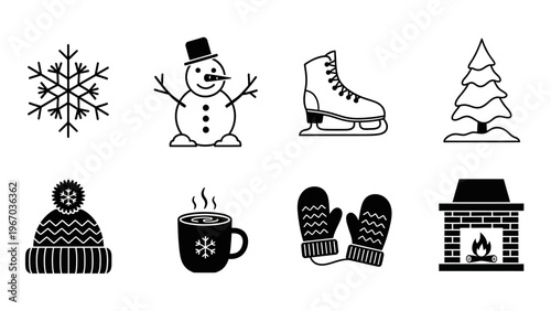 Festive winter holiday icons including snowflake snowman ice skates Christmas tree fireplace