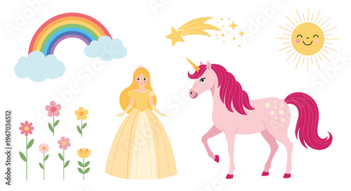 magical fairytale set featuring a golden haired princess in a yellow dress with a pink unicorn, rainbow, sun, and flowers on white.