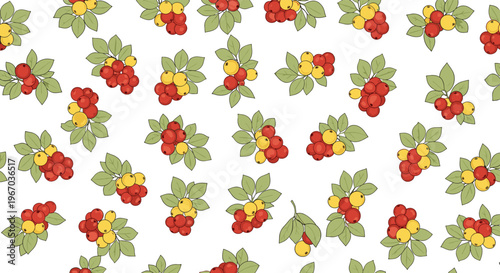 Autumnal seamless pattern featuring clusters of red and yellow rowan berries with green leaves on a white background.