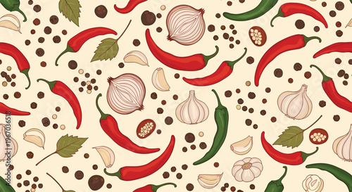 Savory seamless pattern with chili peppers onions garlic cloves and black peppercorns for kitchen and food design.