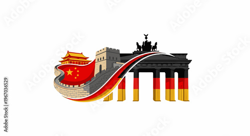 Iconic landmarks from China and Germany merge, united by flags