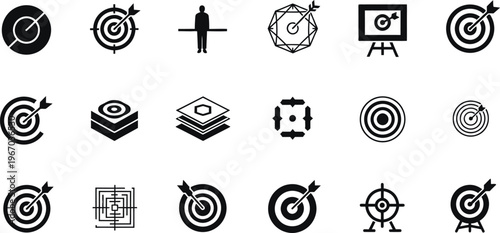 Collection of black silhouette icons representing targets achievements and precision