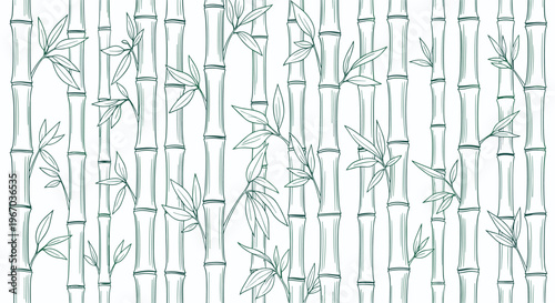 Calm and serene seamless pattern with hand-drawn bamboo stalks and leaves in a soft green color for zen decor.