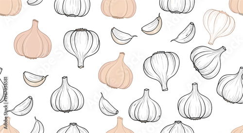 detailed pattern of garlic bulbs and cloves in a hand drawn sketch style for kitchen decor recipe books and organic food marketing labels.