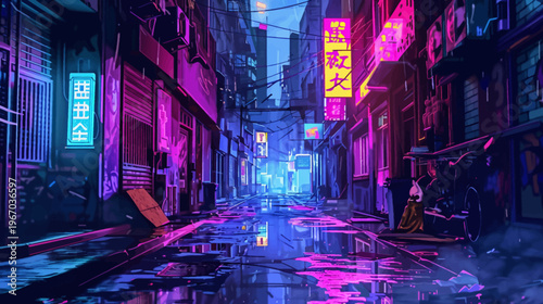 Neon lit city street at night with futuristic signs and building reflections