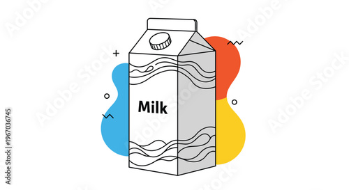 Milk carton packaging illustration with abstract colorful shapes on background for dairy product branding and design.