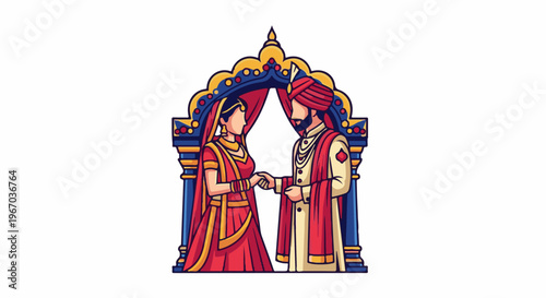 Couple in traditional attire exchanging rings under decorative archway