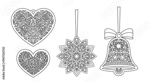 Intricate Christmas ornament line art designs featuring hearts star and bell shapes with detailed decorative patterns.