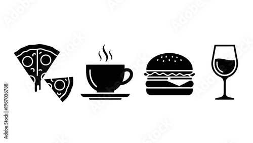 icons representing fast food and beverages including pizza coffee burger and wine