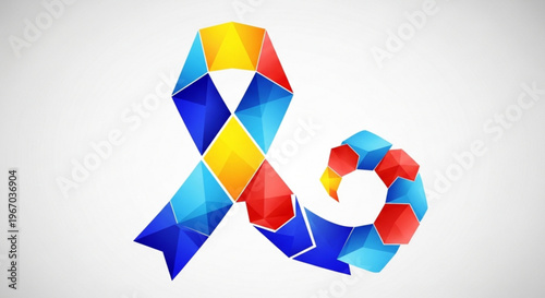 Colorful polygonal awareness ribbon symbol on white background for support and cause