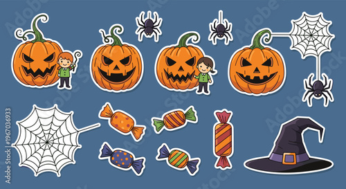 Fun Halloween sticker set featuring carved pumpkins with kids spiders on webs colorful candies and a witch hat.