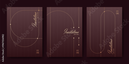 Elegant invitations set with golden lines on black background. Vector realistic illustration of premium card designs collection, luxury event flyer layout with gatsby style pattern, vip menu frame