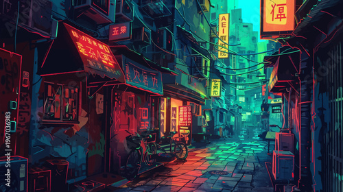 Neon lit city street with shops and buildings at night illustration art