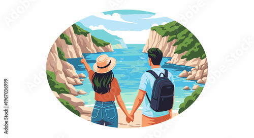 Couple holding hands on beach looking at ocean cliffs