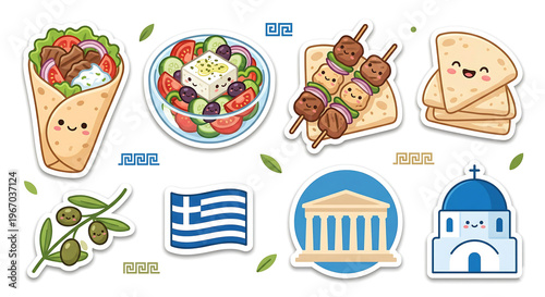 Cute Greek Food Sticker Pack – Gyro, Salad and Greece Icons Kawaii Flat Illustration Set